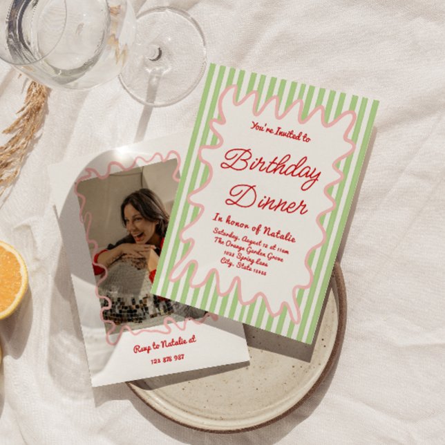 Hand Drawn Colourful Stripes Photo Birthday Dinner Invitation (Creator Uploaded)