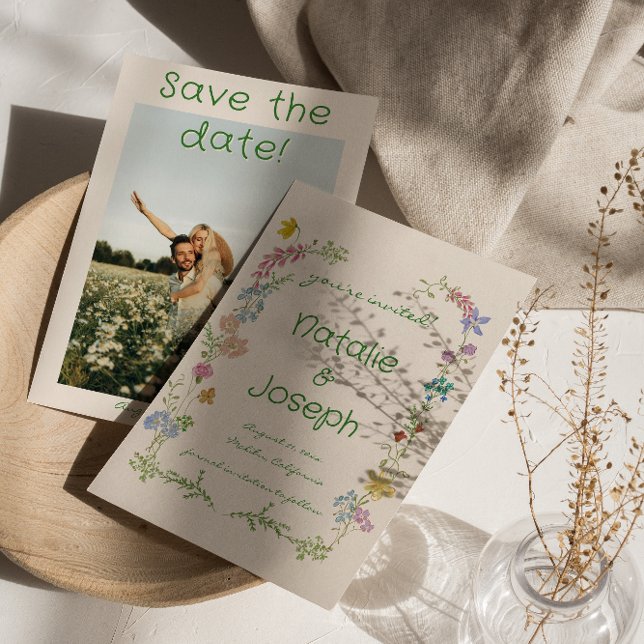Hand Drawn Colourful Wildflowers Photo Wedding  Save The Date (Creator Uploaded)