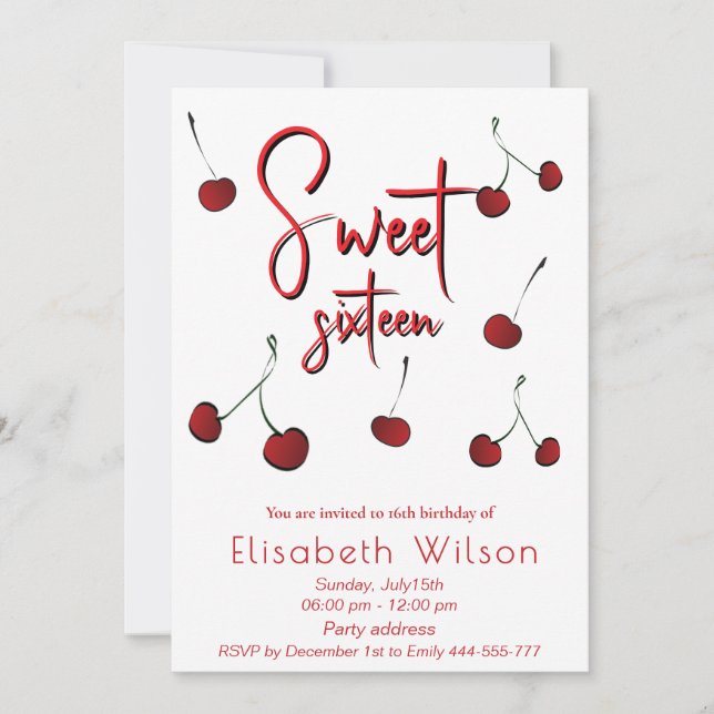 Hand drawn cool whimsy playful cherry sweet 16  invitation (Front)