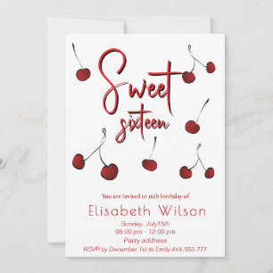 Hand drawn cool whimsy playful cherry sweet 16  invitation