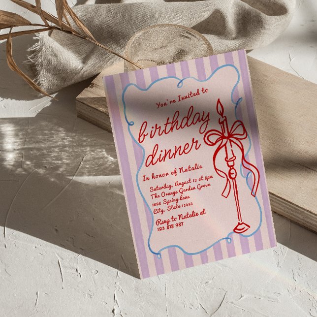 Hand Drawn Coquette Bow Candle Fun Birthday Dinner Invitation (Creator Uploaded)