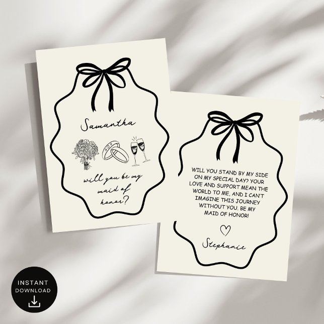Hand Drawn Coquette Bow Maid of Honour Proposal Invitation (Creator Uploaded)