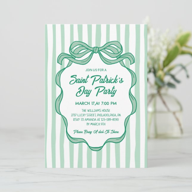 Hand Drawn Coquette Bow & Stripes St Patrick's Day Invitation (Standing Front)