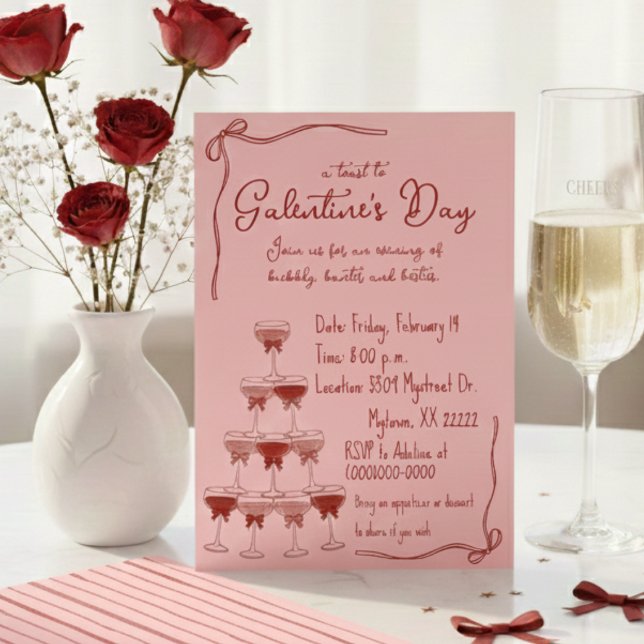 Hand Drawn Coquette Champagne Tower Galentine Invitation (Creator Uploaded)