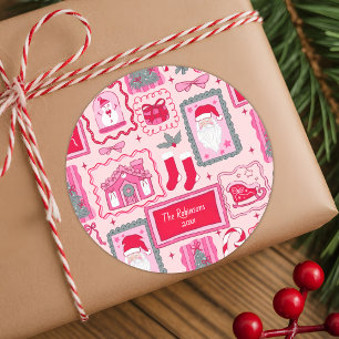 Hand Drawn coquette doodle pink christmas greeting Classic Round Sticker