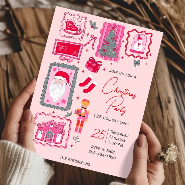 Hand Drawn coquette doodle pink christmas party Invitation (Creator Uploaded)