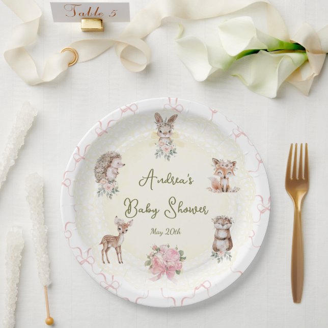 Hand Drawn Coquette Ribbon Woodland Baby Shower  Paper Plate (Wedding)