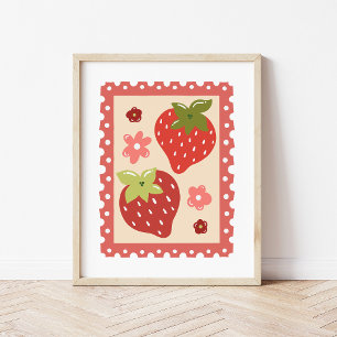 Hand-Drawn Coquette Strawberry Postage Stamp Art Poster