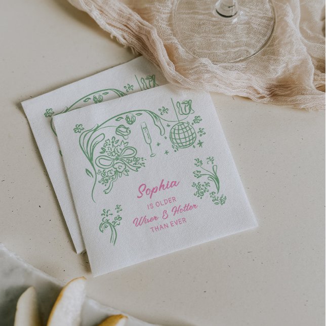 Hand Drawn Coquette Wiser and Hotter Birthday Napkin (Creator Uploaded)