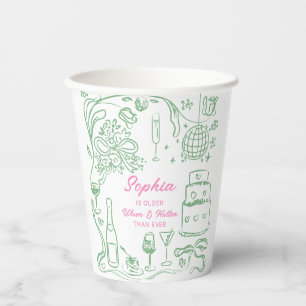 Hand Drawn Coquette Wiser and Hotter Birthday Paper Cups
