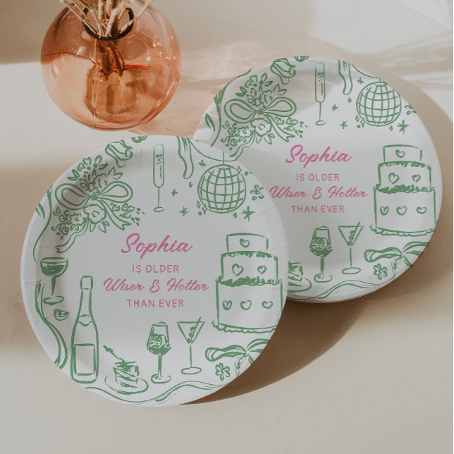 Hand Drawn Coquette Wiser and Hotter Birthday Paper Plate (Creator Uploaded)