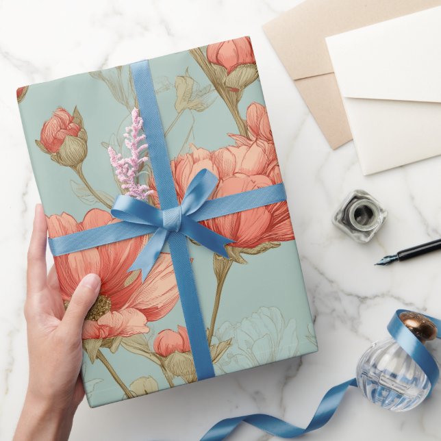 Hand Drawn Coral Flower Mint Floral Pattern Wrapping Paper (Gifting)