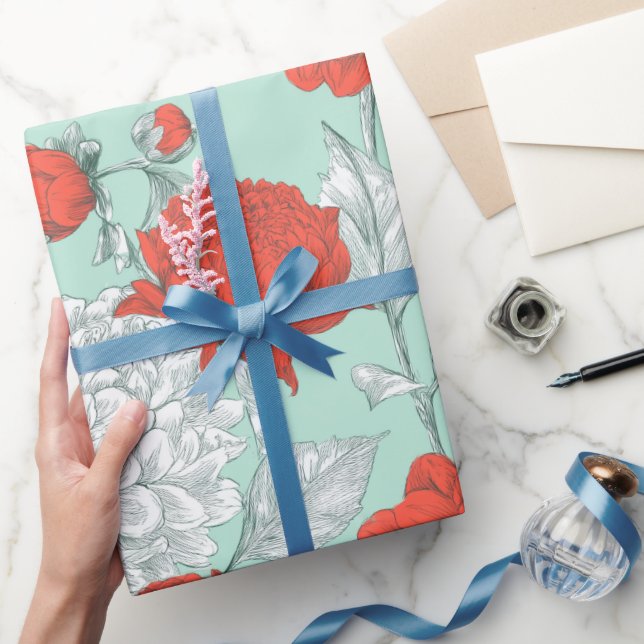 Hand Drawn Coral Flower Mint Floral Pattern Wrapping Paper (Gifting)