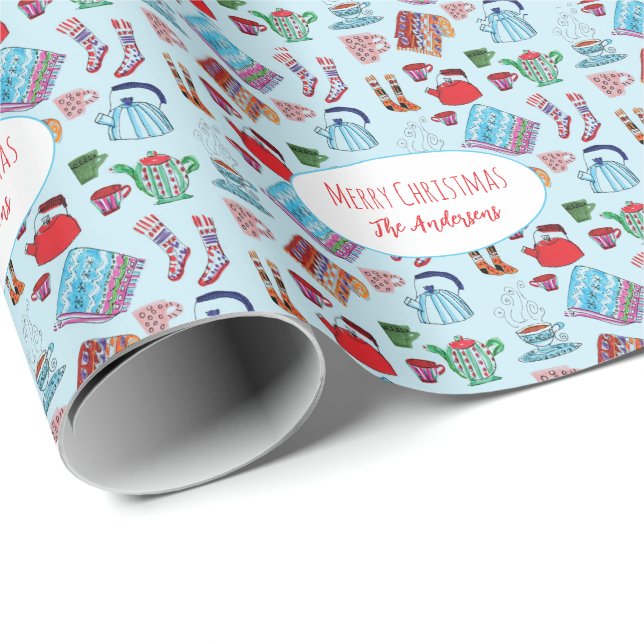 Hand-Drawn Cosy Christmas Personalised Scandi Blue Wrapping Paper (Roll Corner)