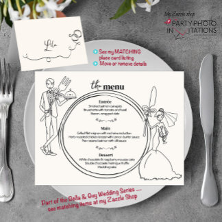 Hand drawn couple Wedding Dinner Menu Postcard