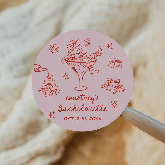 Hand Drawn Cowgirl Bachelorette Weekend Classic Round Sticker (Creator Uploaded)