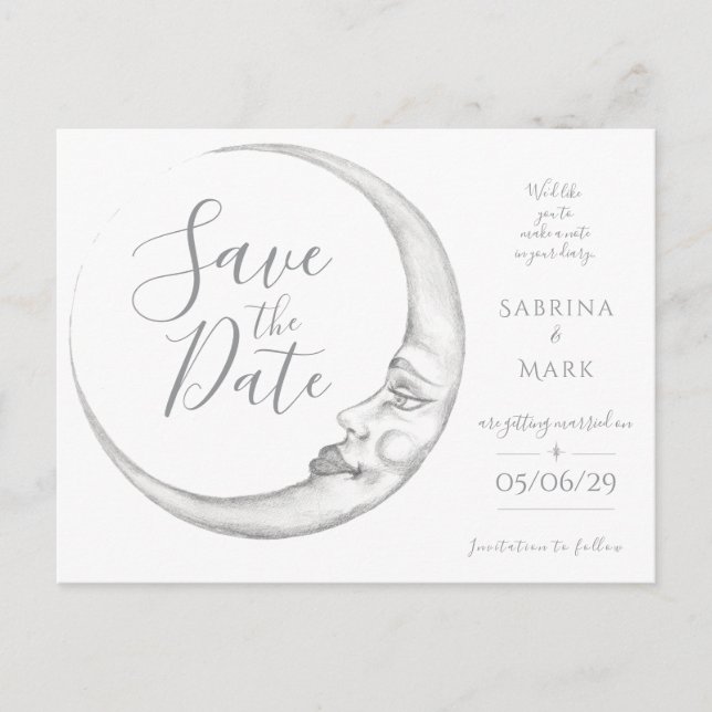 Hand Drawn Crescent Moon Save the Date Postcard (Front)