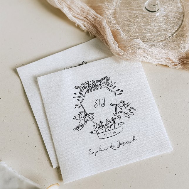 Hand Drawn Crest with Cherubs and Monogram Wedding Napkin (Creator Uploaded)