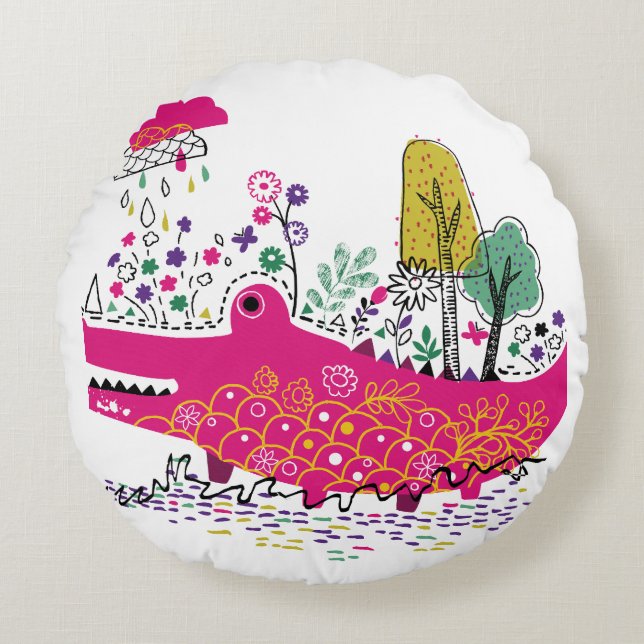 Hand Drawn Crocodile Wild Art Round Cushion (Front)