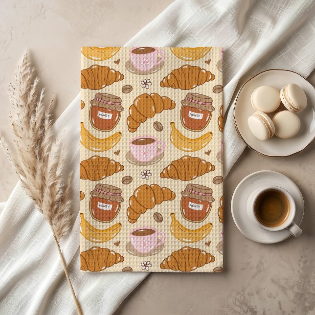 Hand-Drawn Croissant, Coffee and Breakfast Pattern Tea Towel (Creator Uploaded)