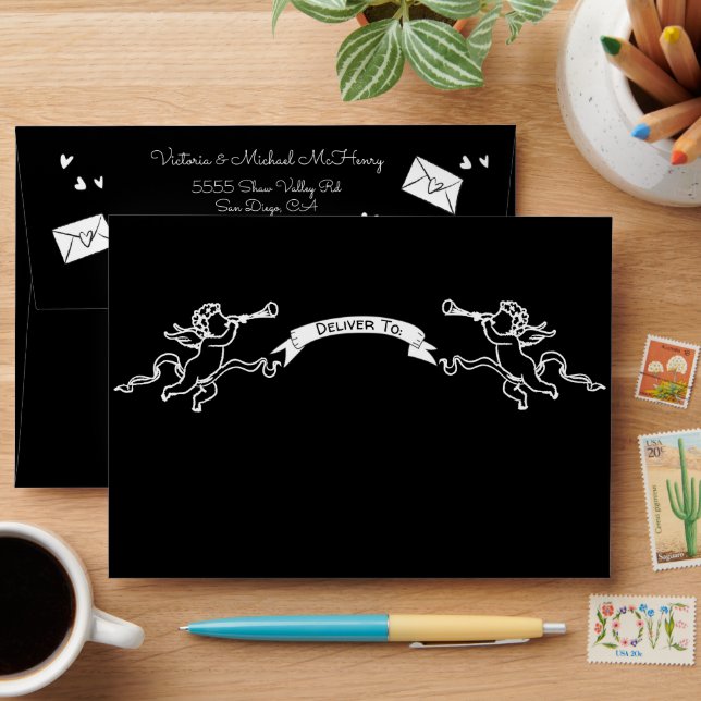 Hand Drawn Cupids Sketch Wedding Envelope (Desk)