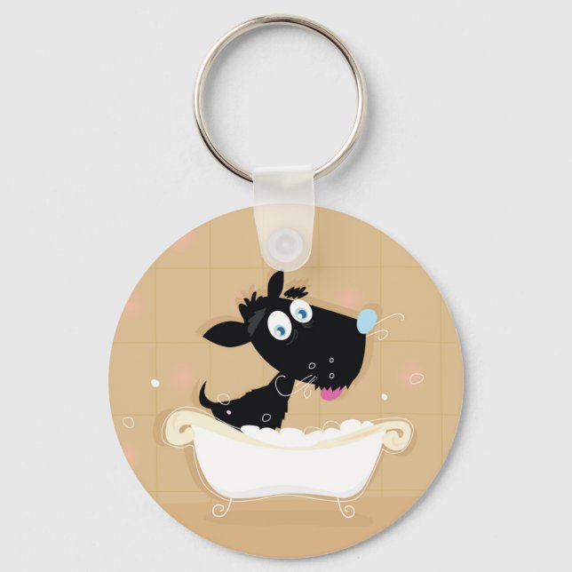 Hand drawn cute Black dog in bath Key Ring (Front)