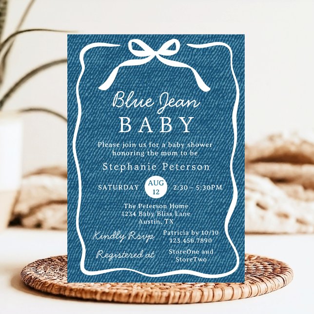 Hand Drawn Cute Bow Simple Blue Jean Baby Shower Invitation (Creator Uploaded)