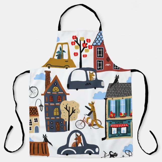 Hand drawn cute cartoon seamless pattern illustrat apron (Front)