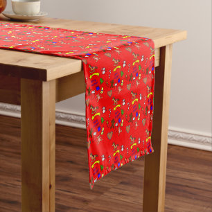 Hand drawn cute christmas motifs on red medium table runner