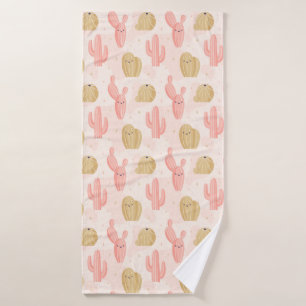 hand drawn  cute pink cactus bath towel set
