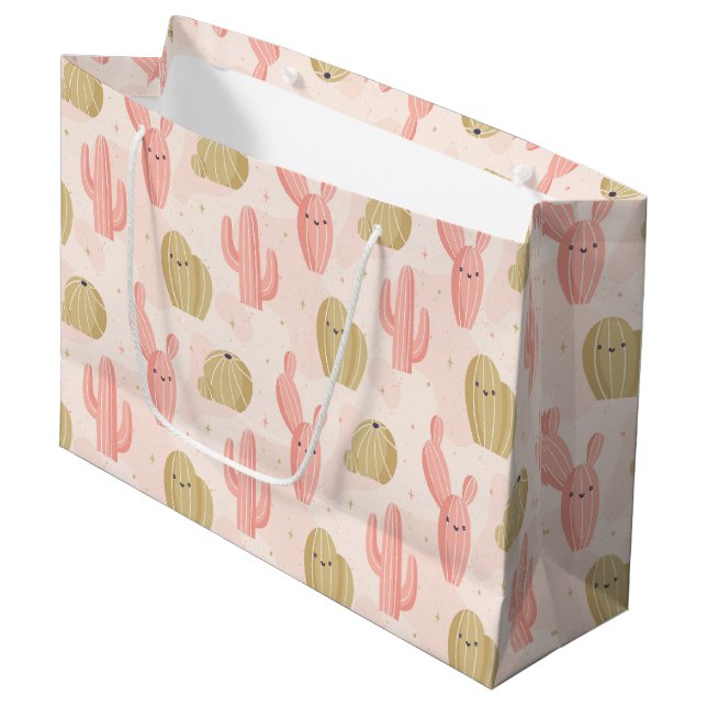 hand drawn  cute pink cactus large gift bag (Front Angled)