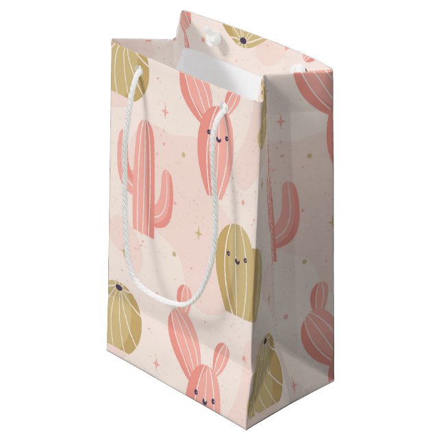 hand drawn  cute pink cactus small gift bag (Front Angled)