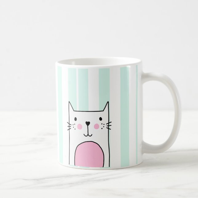 Hand Drawn Cute Pink Cat Coffee Mug - Blue Stripe (Right)