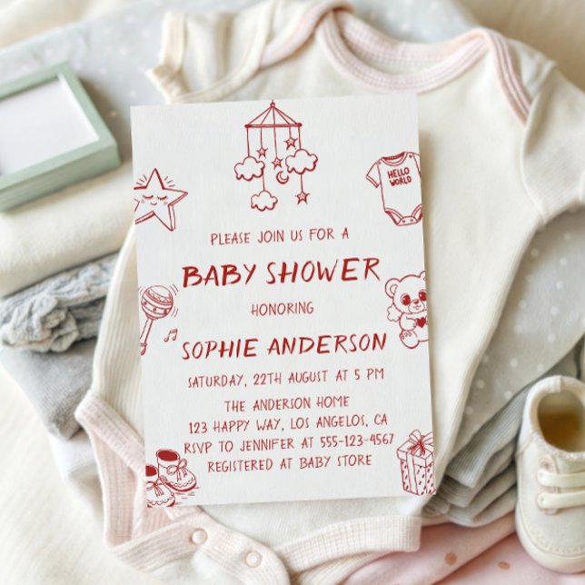Hand Drawn Cute Red Doodle Baby Shower Invitation (Creator Uploaded)