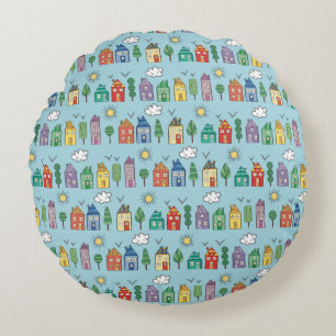 Hand Drawn Cute Whimsy Neighbourhood Round Pillow