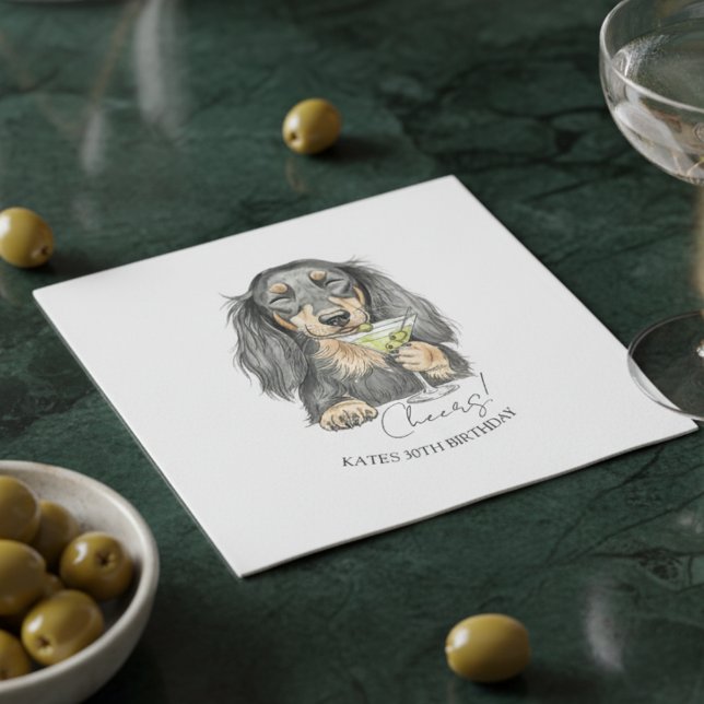 Hand Drawn Dachshund Dirty Martini Doodle Cocktail Napkin (Celebrate with this custom hand drawn dachshund martini cocktail napkin!)