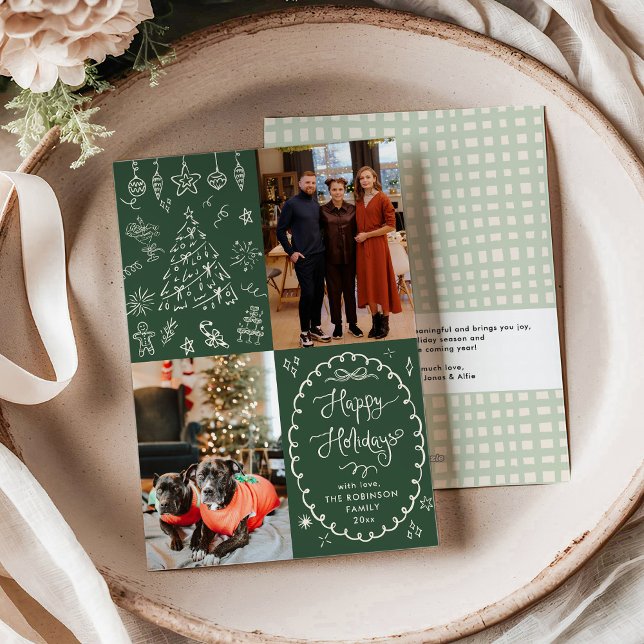 Hand Drawn Dark Green Happy Holidays 2 Photo Holiday Card (Creator Uploaded)