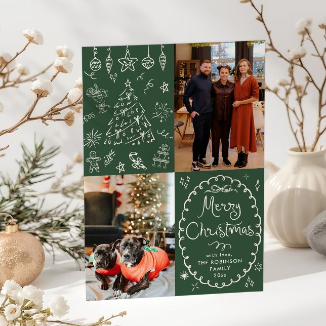 Hand Drawn Dark Green Merry Christmas 2 Photo Holiday Card (Creator Uploaded)