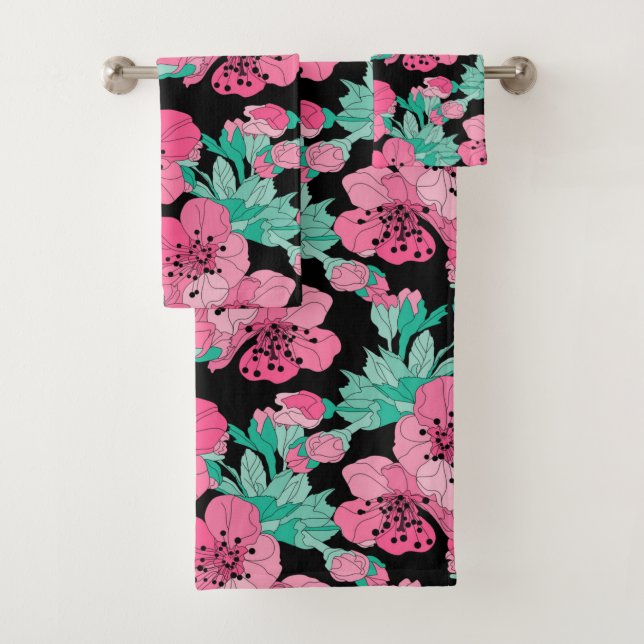 Hand Drawn Decorative Cherry Blossom Pattern    Bath Towel Set (Insitu)