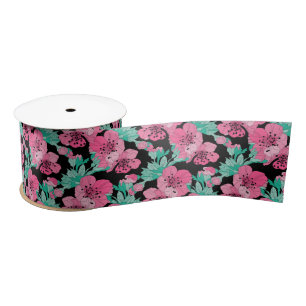 Hand Drawn Decorative Cherry Blossom Pattern Satin Ribbon