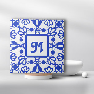 Hand Drawn Delft Blue Ornate Monogram Initial Tile