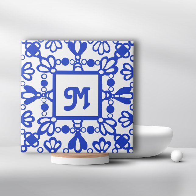 Hand Drawn Delft Blue Ornate Monogram Initial Tile (Creator Uploaded)