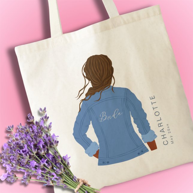 Hand Drawn Denim Jacket Dark Hair and Skin Bride Tote Bag (Creator Uploaded)