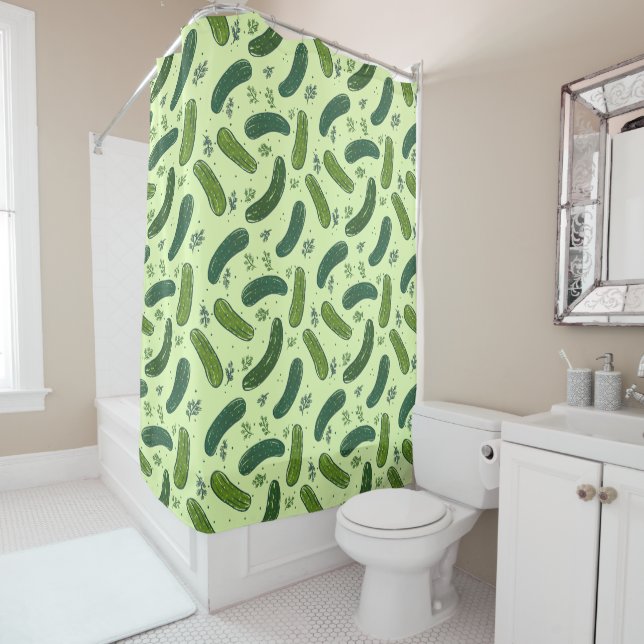 Hand Drawn Dill Pickle Pattern Shower Curtain (In Situ)