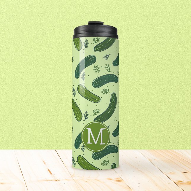 Hand Drawn Dill Pickle Pattern Thermal Tumbler (Dill Pickle Pattern & Monogram Thermal Tumbler)