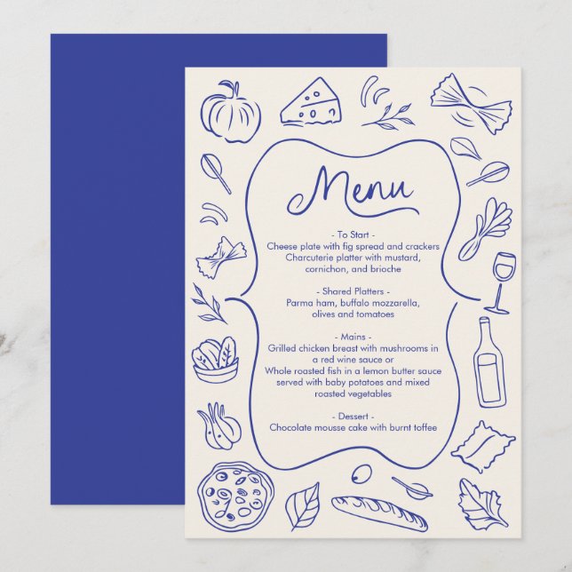 Hand Drawn Dinner Menu Italian Blue (Front/Back)