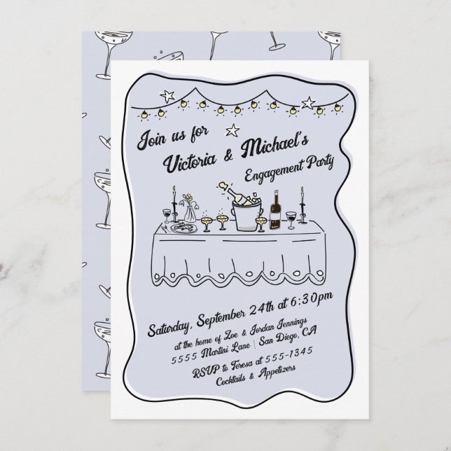 Hand Drawn Dinner Wedding Engagement Party Invitation (Front/Back)