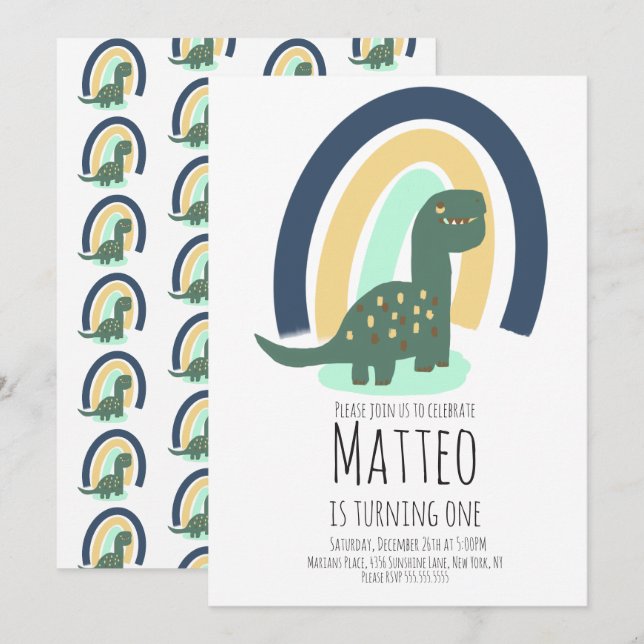 Hand Drawn Dinosaur Rainbow Birthday Party Blue Invitation (Front/Back)