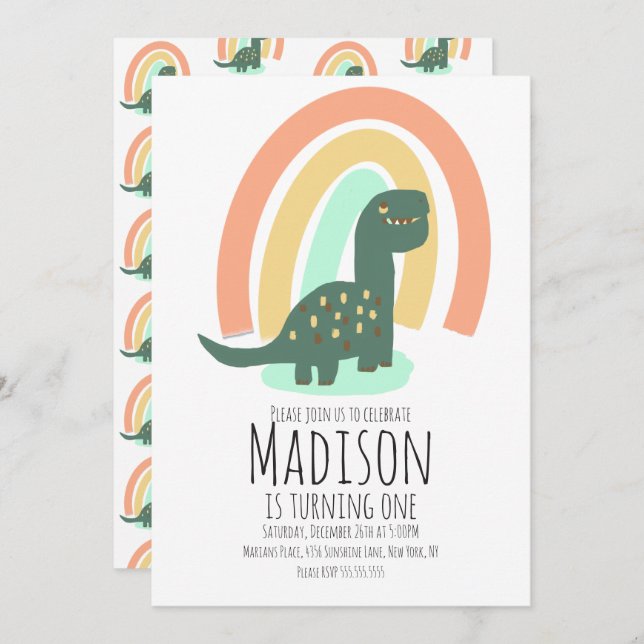 Hand Drawn Dinosaur Rainbow Birthday Party Boho Invitation (Front/Back)