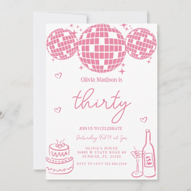 Hand Drawn Disco Ball 30rd Birthday Party Invitation (Front)
